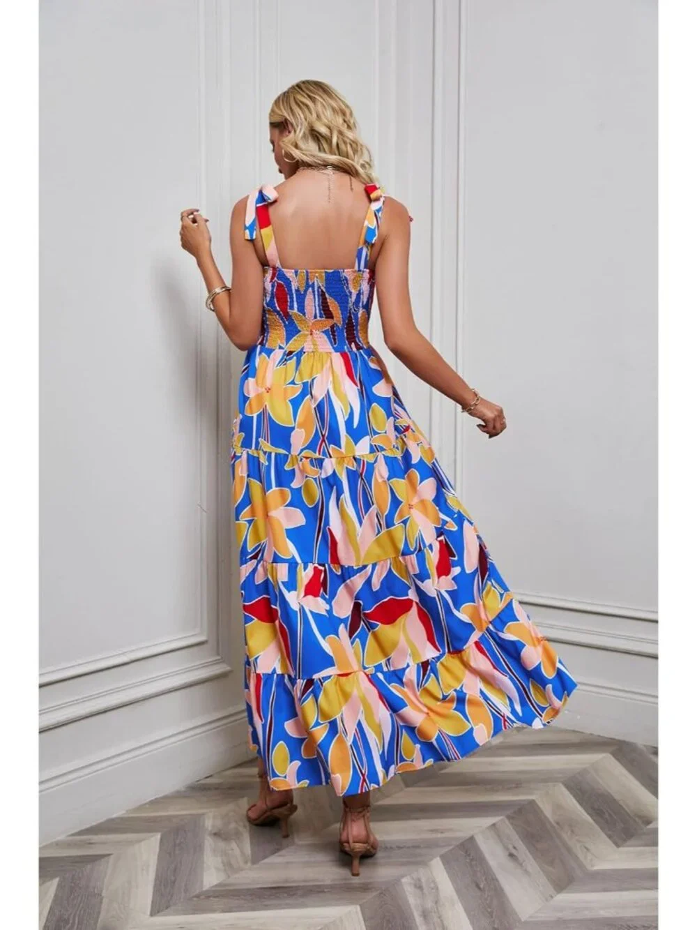 Women's Blue Yellow Sleeveless Square Neck Ruffle Casual Imported Maxi Dress - Picture 3 of 6